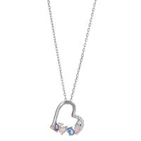 Collier Silber Zirkonia bunt, 14 Steine rhodiniert Herz 40-45 cm verstellbar