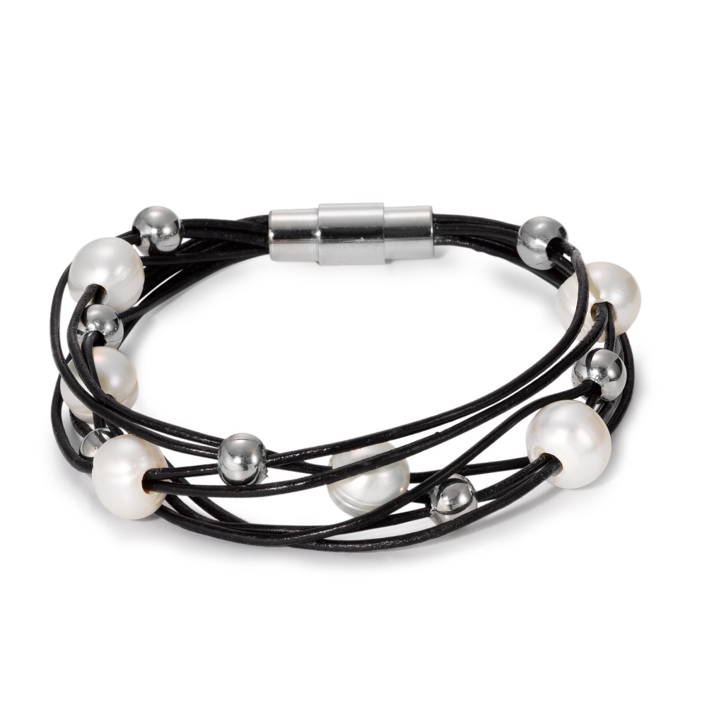Armband Edelstahl, Leder Süsswasserzuchtperle 19 cm-567820
