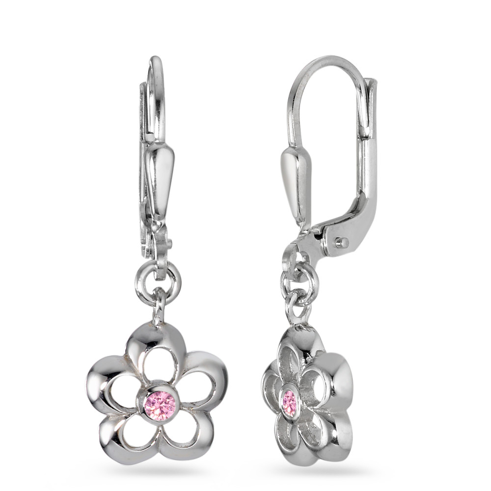 Ohrhänger Silber Zirkonia rosa, 2 Steine rhodiniert Blume Ø9 mm-579747