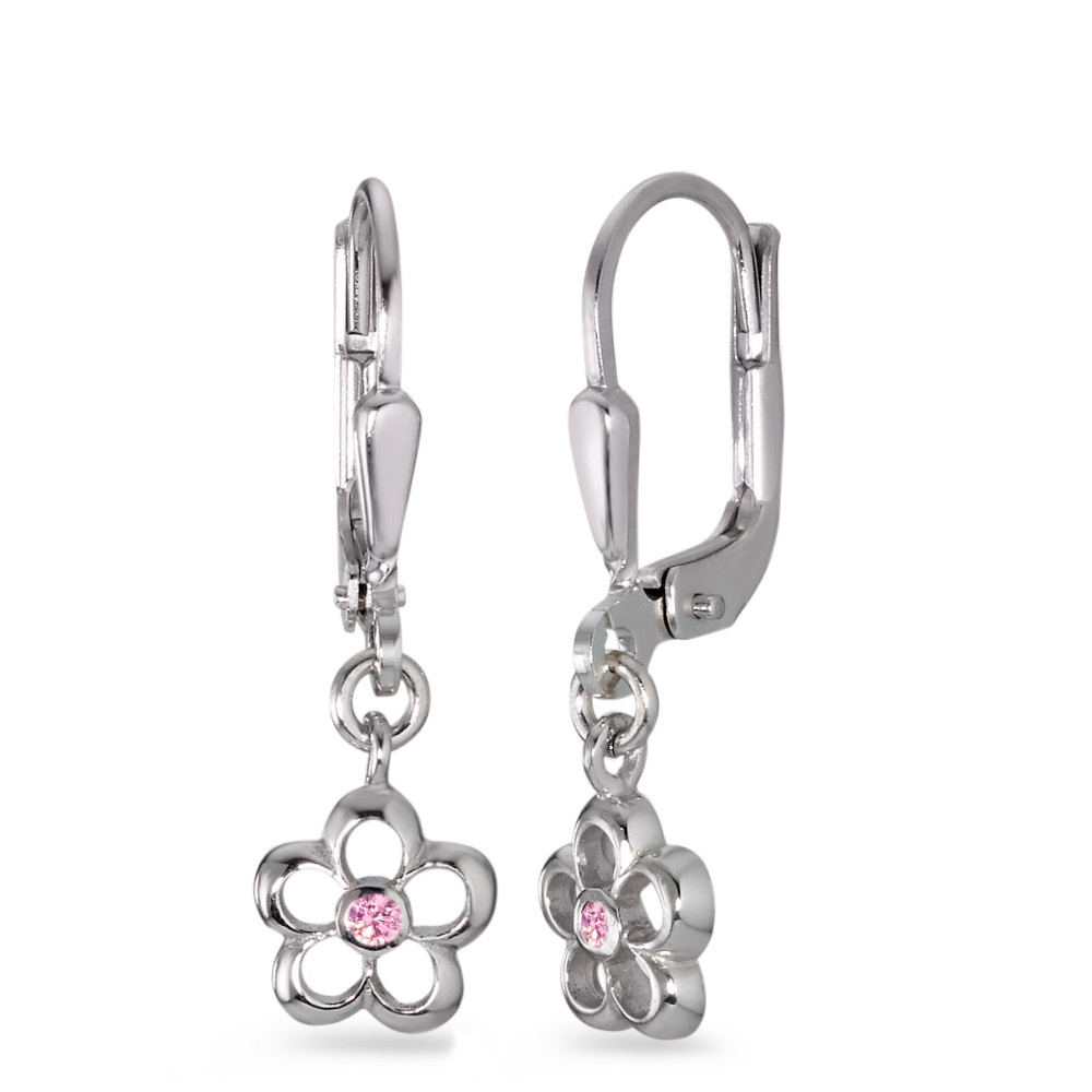 Ohrhänger Silber Zirkonia rosa, 2 Steine rhodiniert Blume Ø7 mm-579894