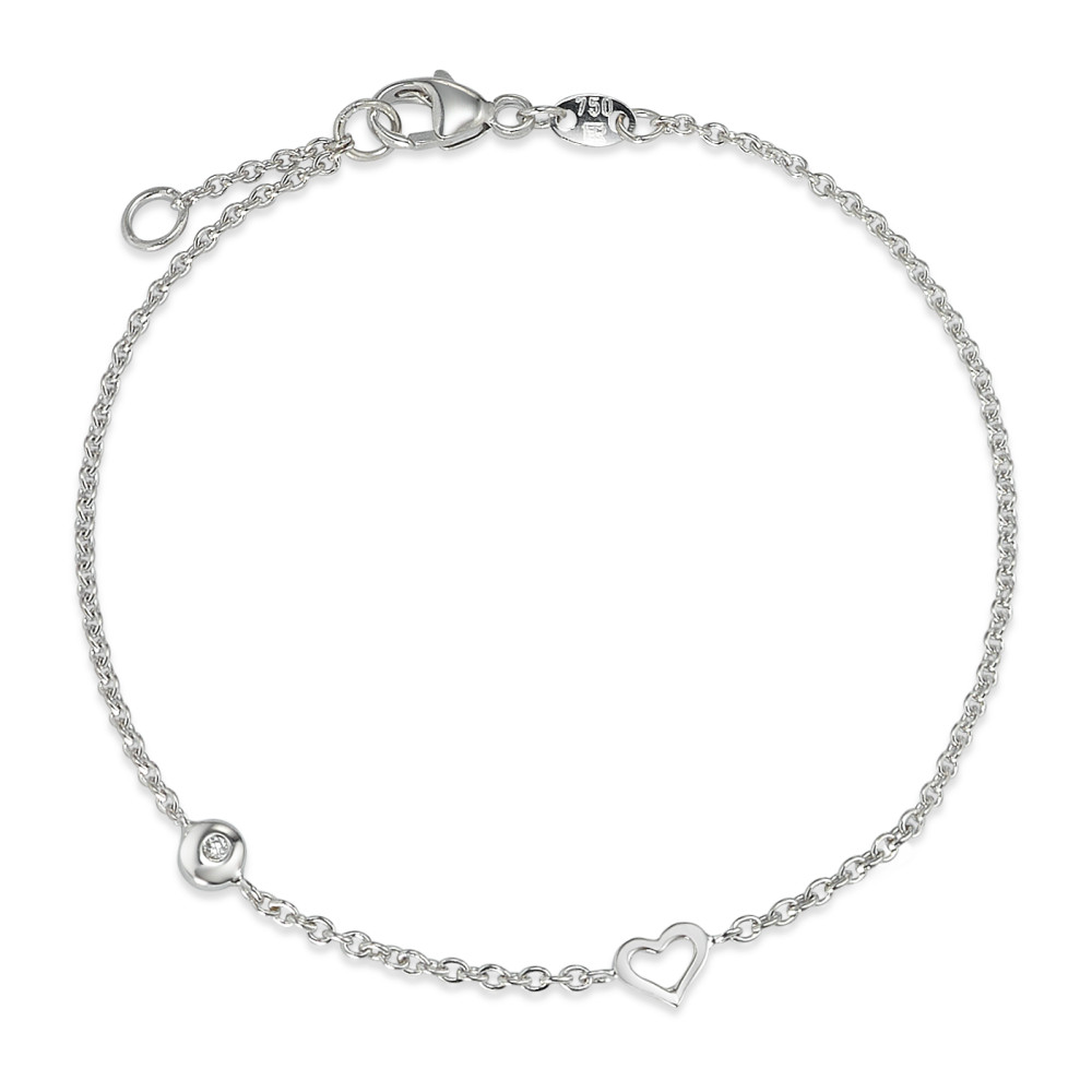 Armband 750/18 K Weissgold Diamant 0.02 ct, 2 Steine, w-si Herz 17-18 cm verstellbar-589572