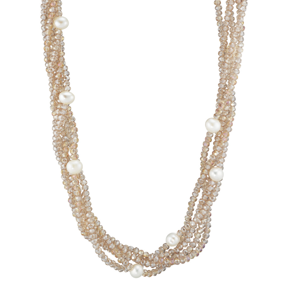 Collier Edelstahl Kristall champagner Süsswasserzuchtperle weiss, 16 Perlen, 5 mm 45 cm-590215