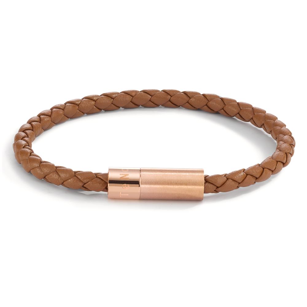 Lederarmband Heritage Roségold aus Edelstahl, Flechtleder HAVANA BROWN, 21cm-595340