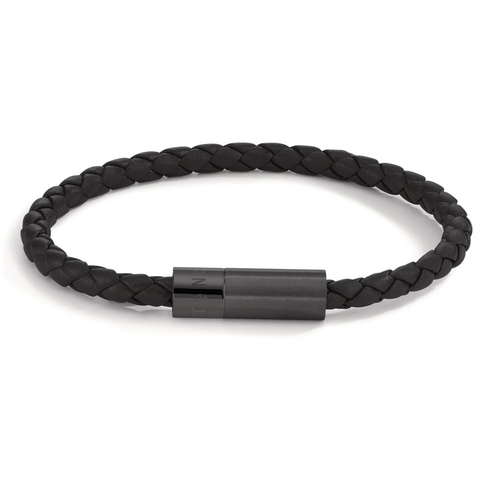 Lederarmband Heritage Black aus Edelstahl, Flechtleder schwarz, 19cm-595345